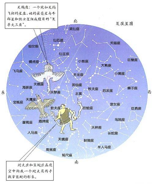 夏夜北方天空的主要星座分布图