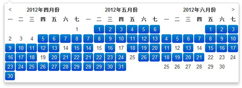 再次给力发布，首款全中文习惯，支持鼠标滑动多选的多月（可以显示N个月）的日历控件，界面仿Twitter风格，多语言支持，Ctrl/Shift多选支持，日期范围限制支持，自定义事件支持