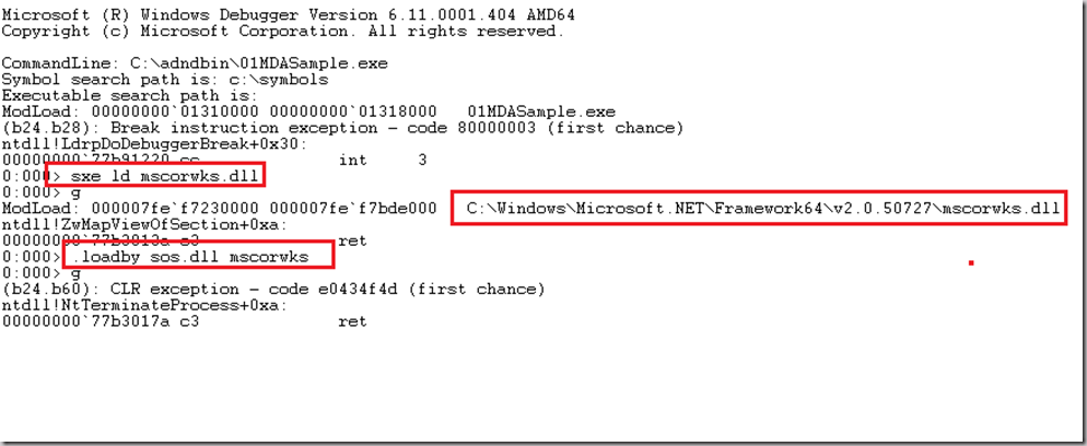 《Advanced .NET Debugging》 读书笔记 Listing 3-6: 使用sxe在程序载入mscorwks之后停下来载入sos...