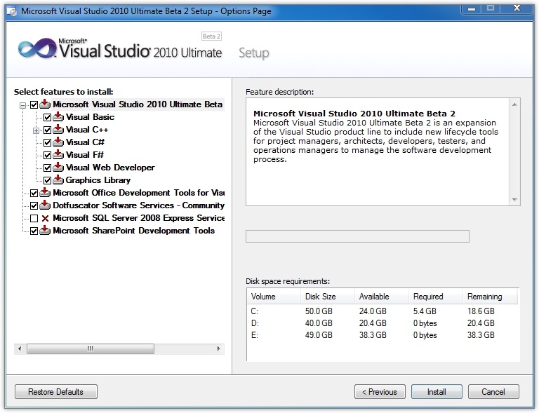 Visual Studio 2010 Ultimate Beta 2安装选择界面