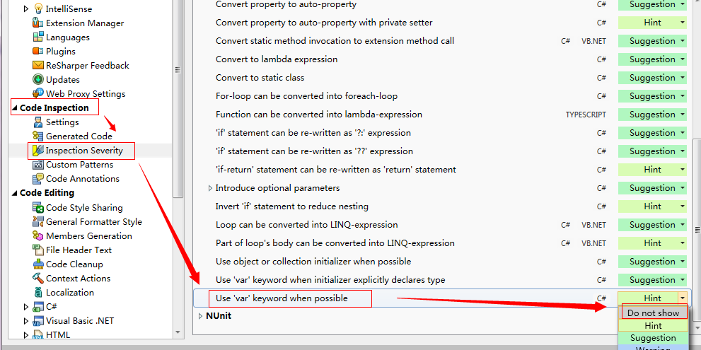 在Resharper中关闭var的强制提示