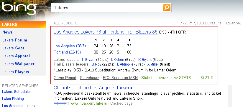 Bing推出NBA球队比赛比分的实时搜索功能