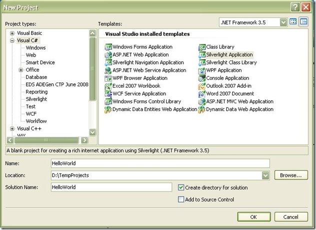 SilverlightSerial_Hellowworld_CreateNewProject