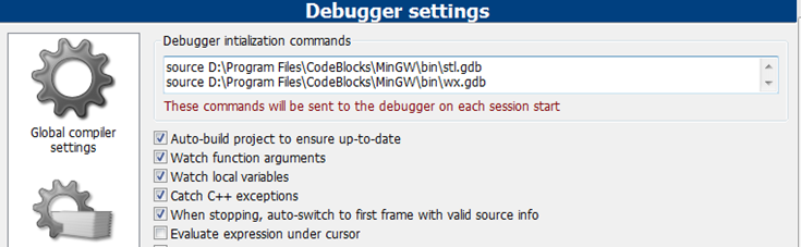 debugger setting