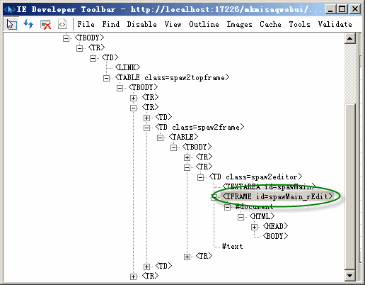 在IE Developer Toolbar中查看的SPAW Editor的DOM树